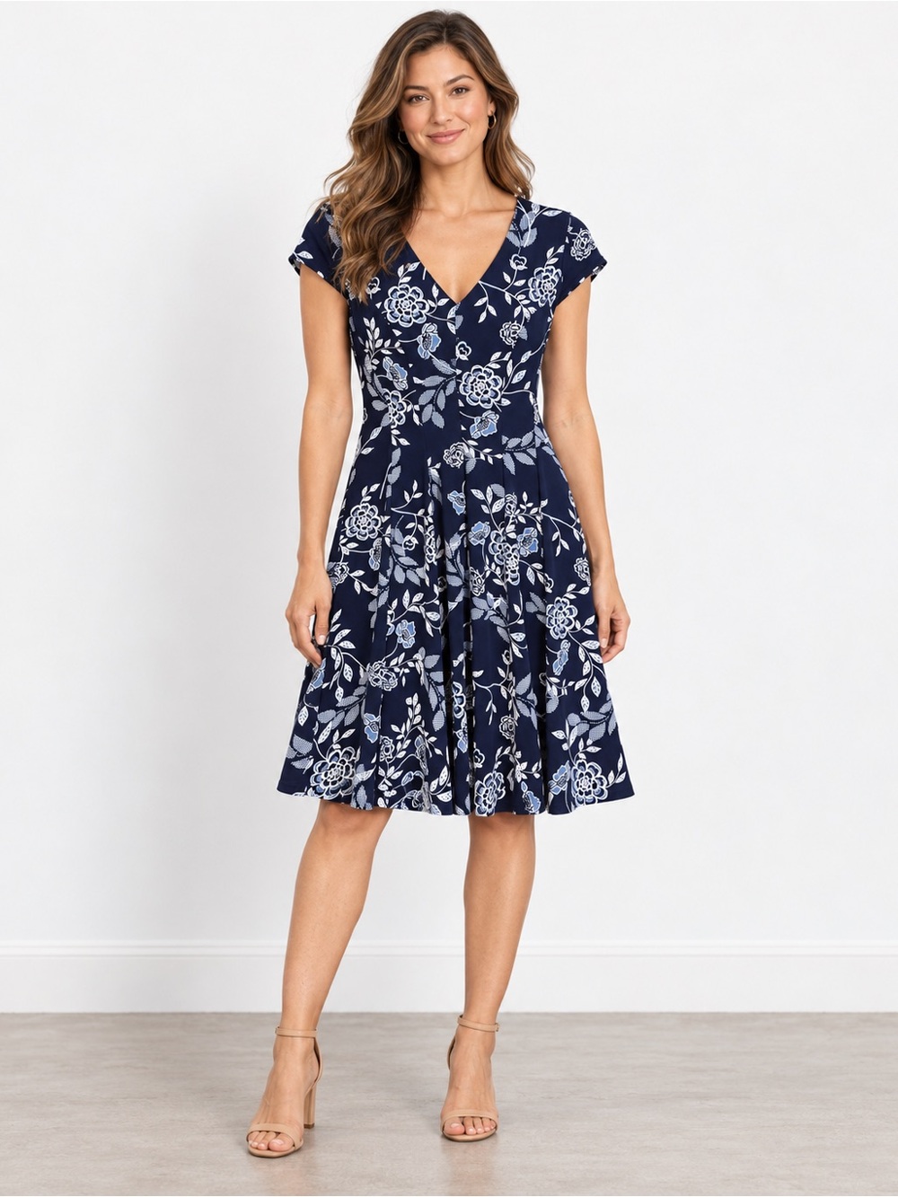 Sandra Darren Navy & Light Blue Floral V-Neck Fit-and-Flare Dress